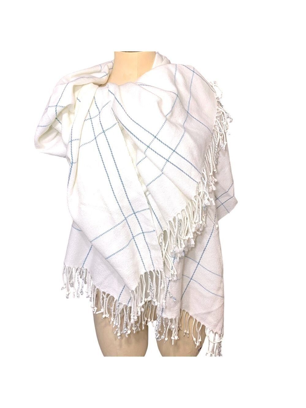 Martha Stewart Scarf Wrap White Blue XL Rectangular Fringe Shawl Classic Neutral